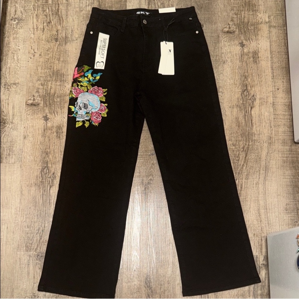Sky Black Jeans with Colorful Embroidery